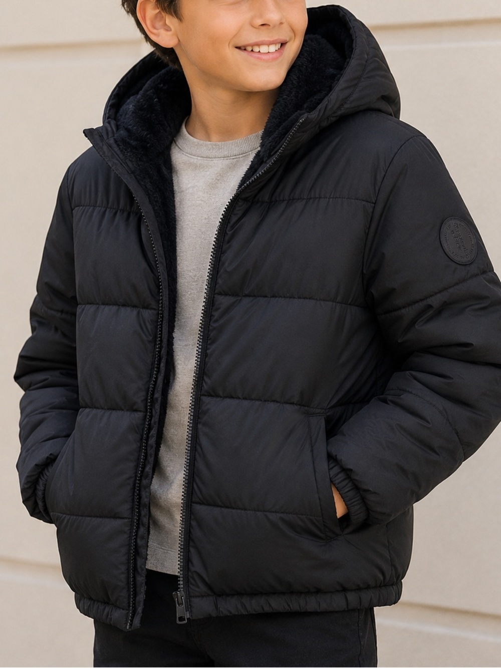 Abercrombie Kids Black Hooded Puffer Jacket Size 13/14 Soft Sherpa Lined